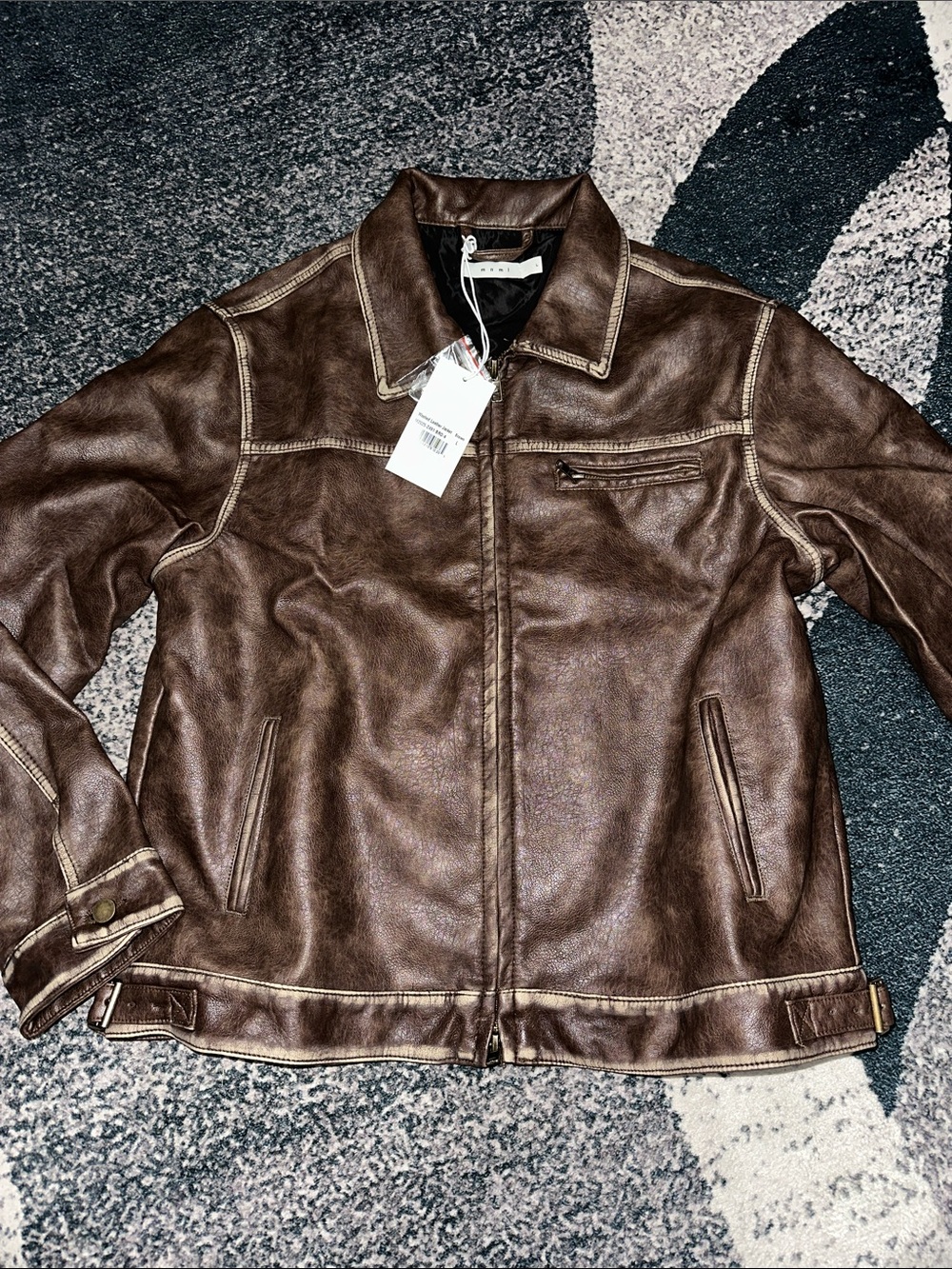 MNML Men's Brown Leather Jacket - Classic Zip Front